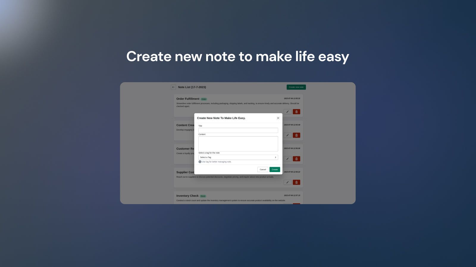 Create new note to make life easy.