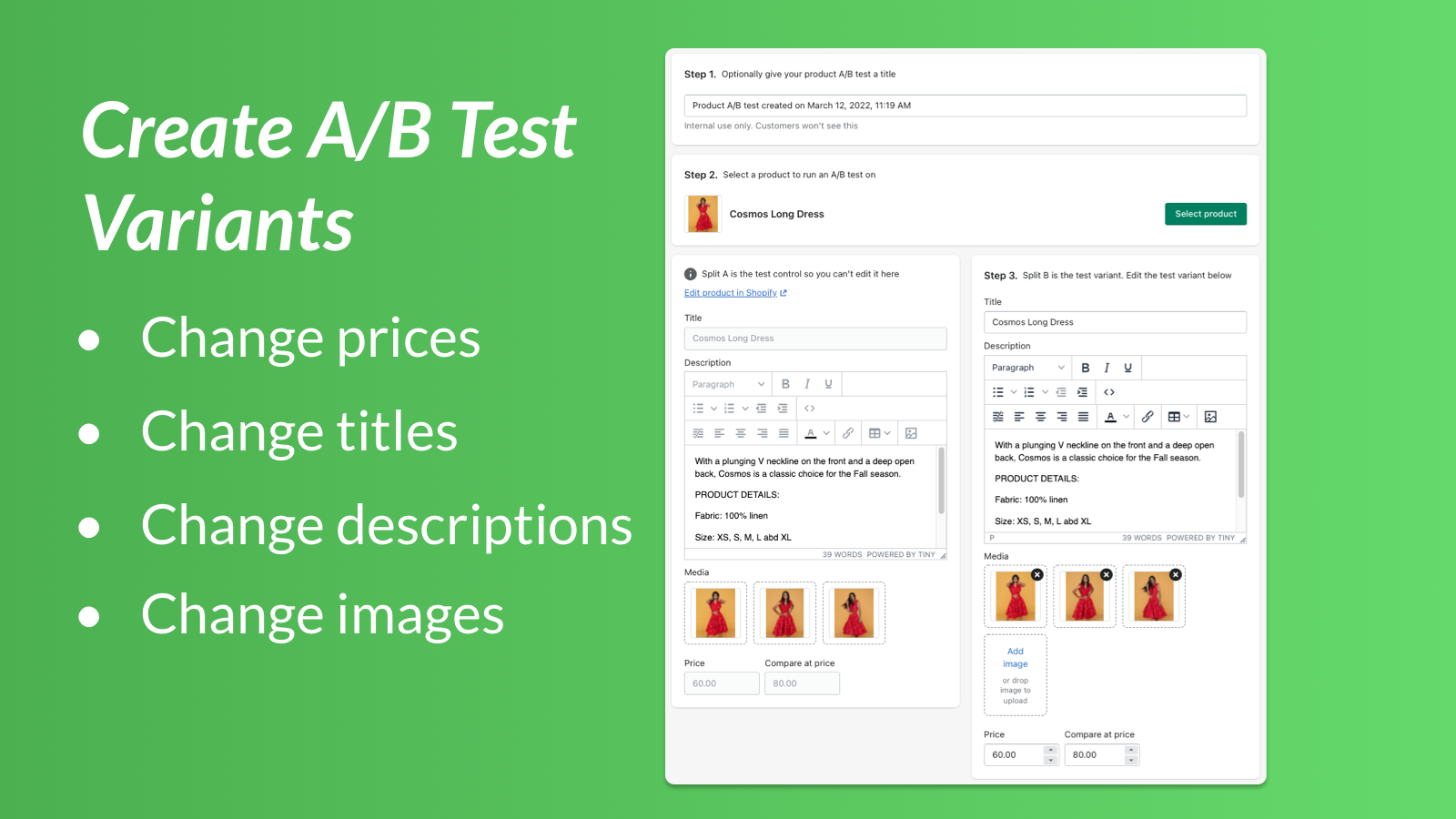 Create product A/B tests!