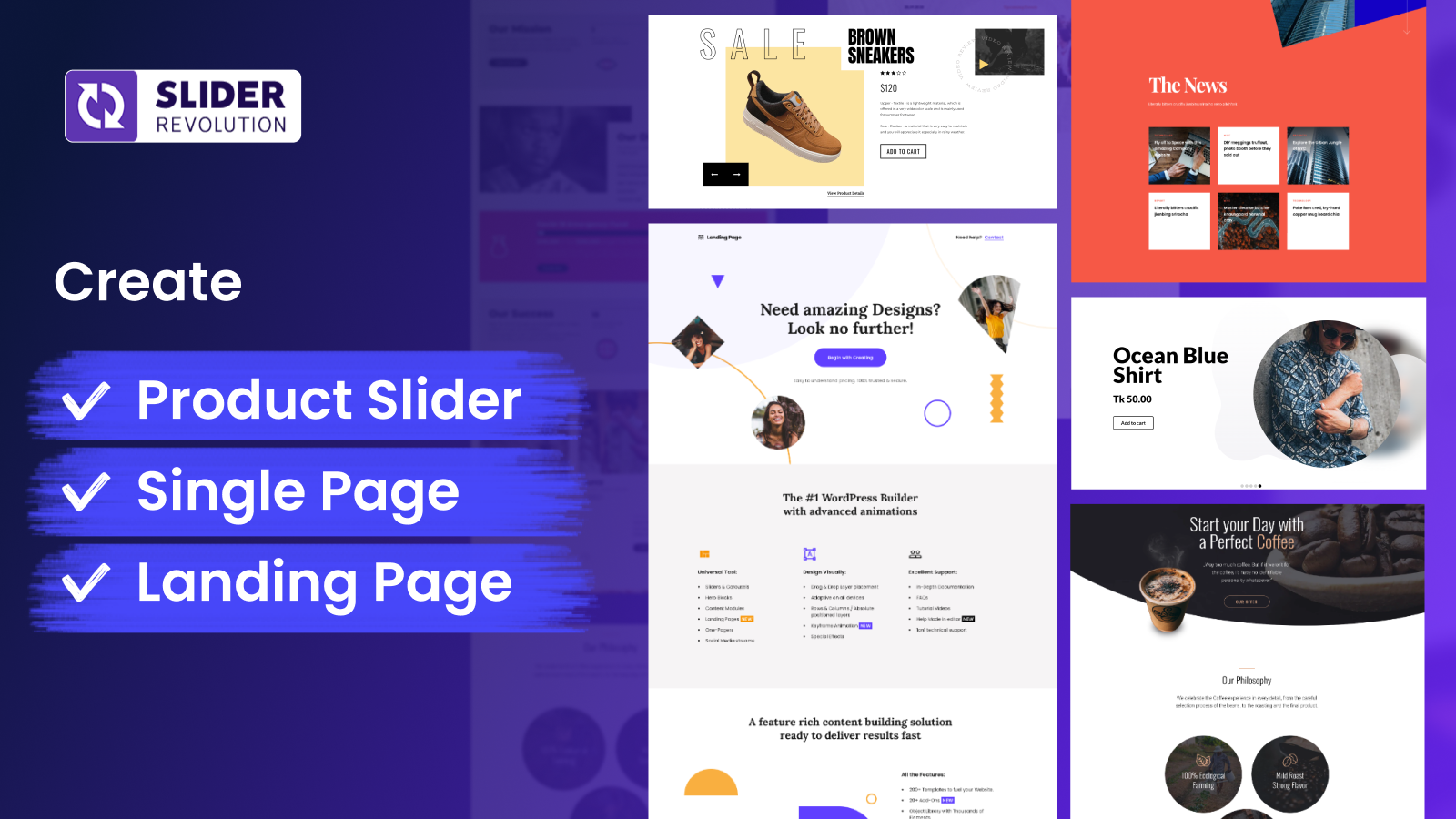 Create product slider, Single page, Landing page