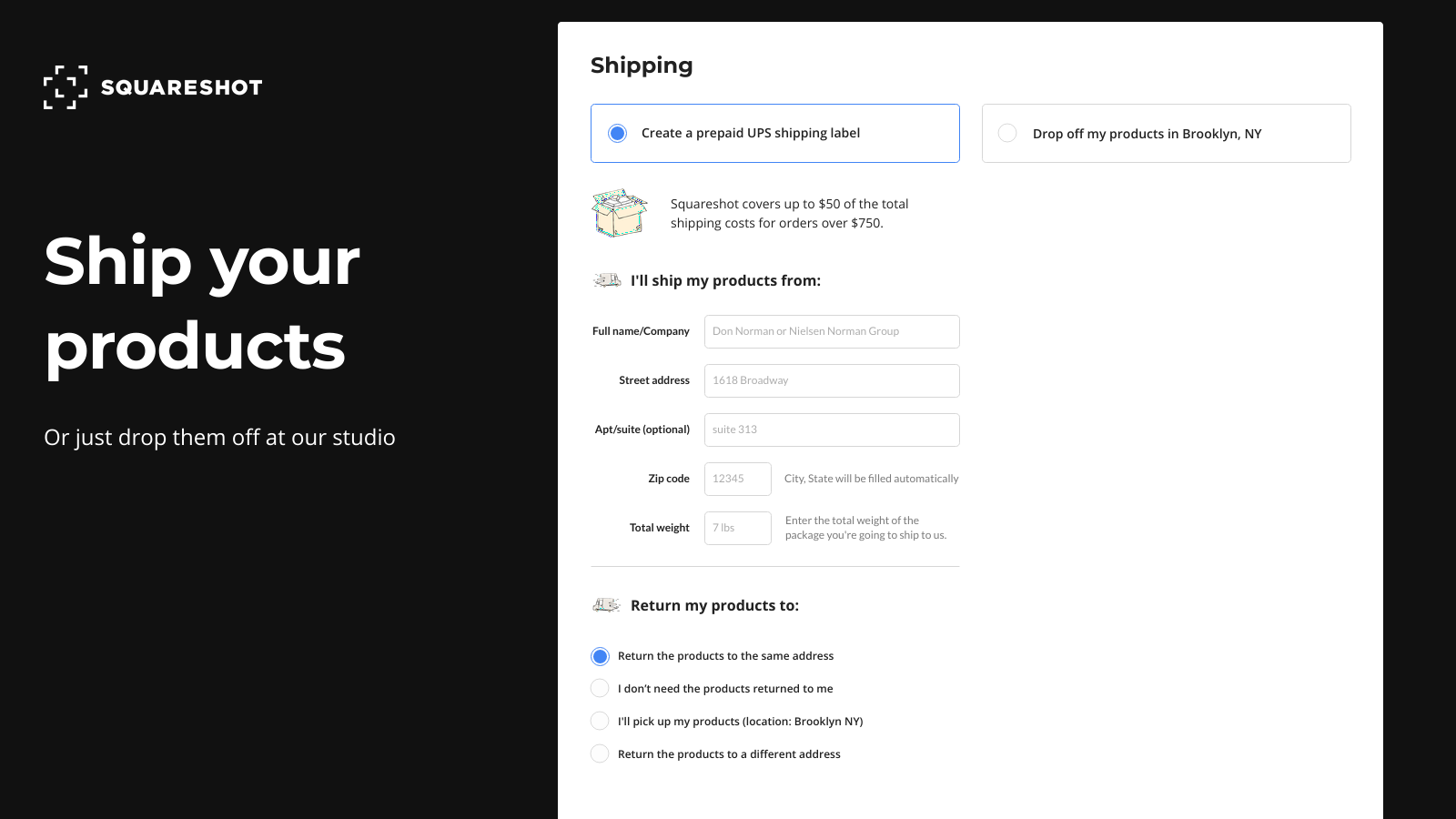 Create shipping label and select return shipping option