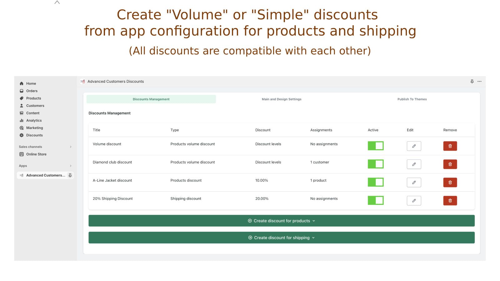 Create simple or volume discounts for products and shipping