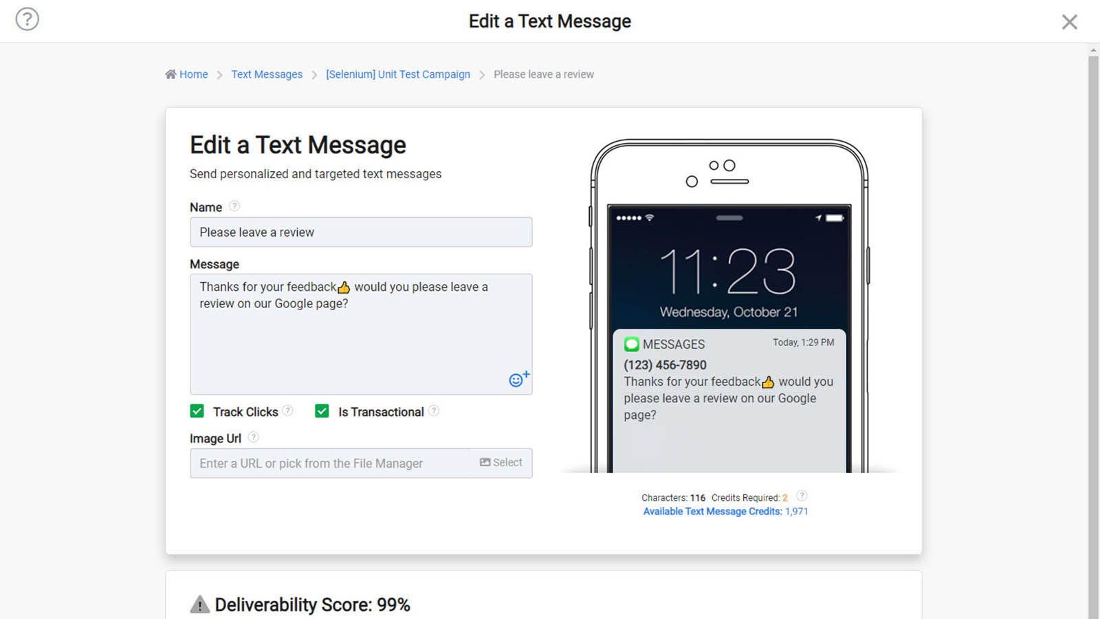 Create text messages with live preview