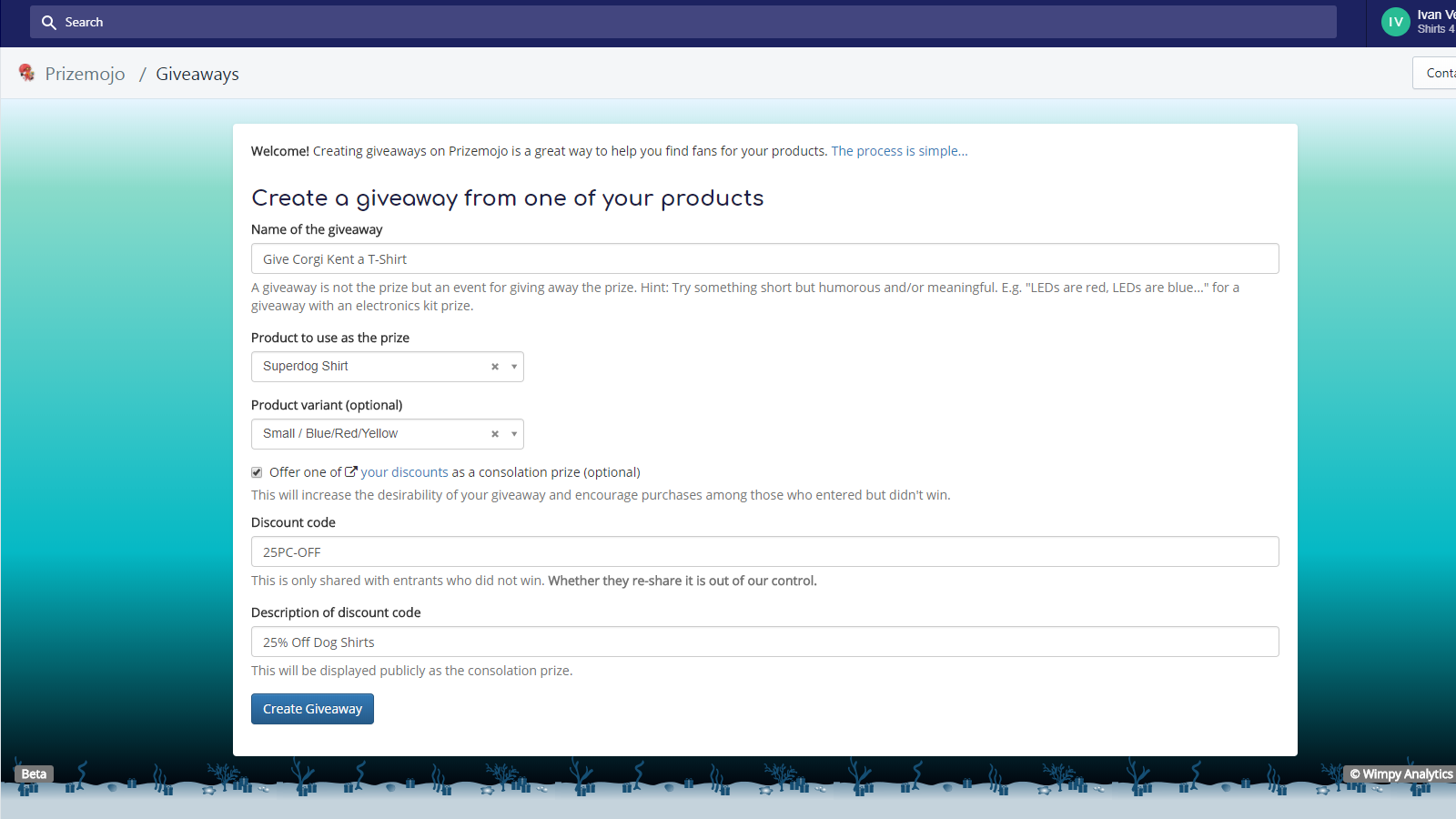 Creating a giveaway from a Shopify product catalog