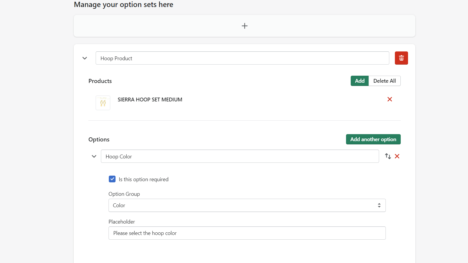 Creating Option Sets in Shopify Admin