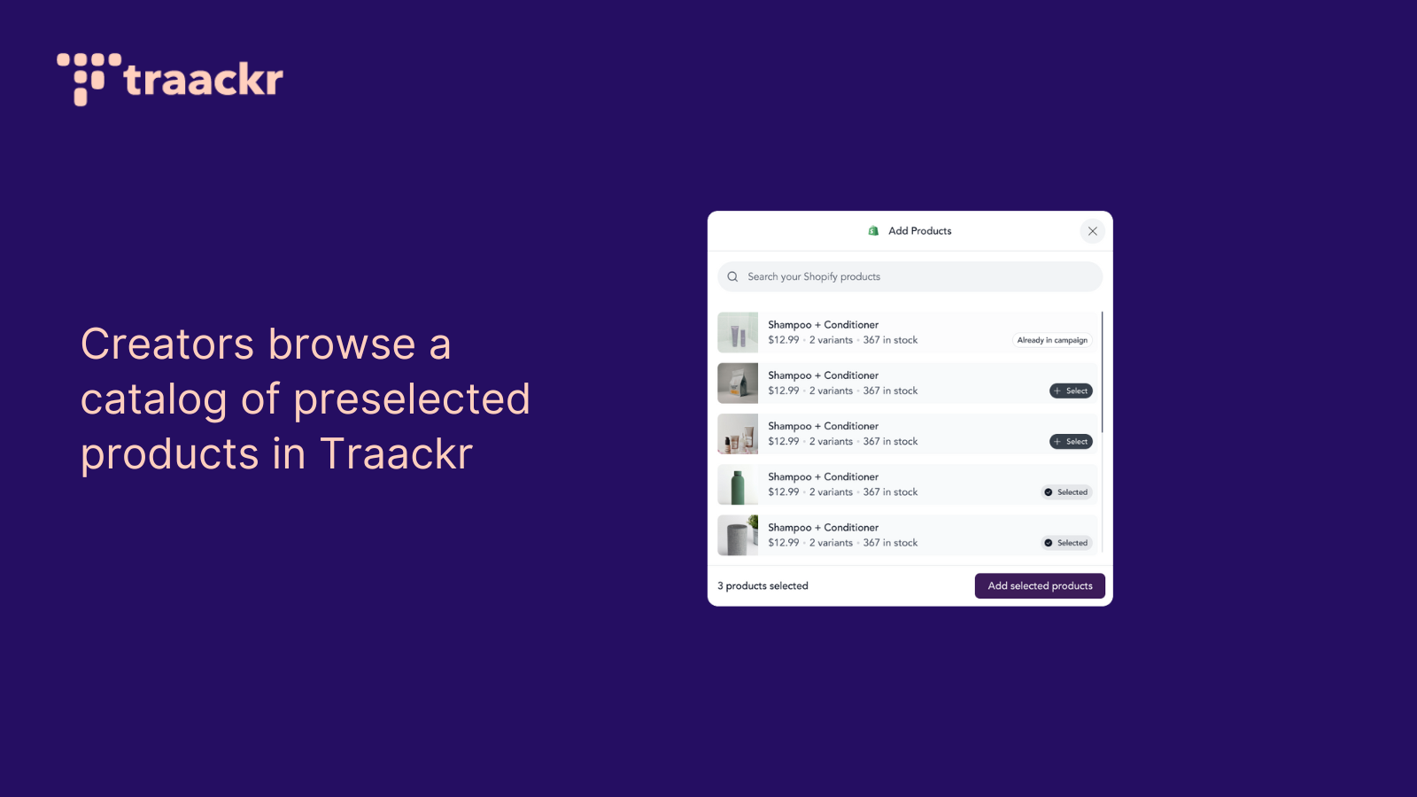 Creators browse a catalog of preselected products in Traackr