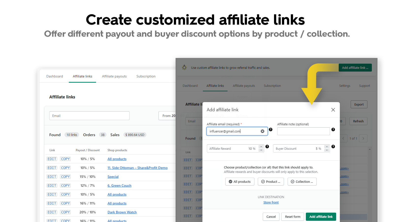 Custom affiliate payouts and buyer discounts
