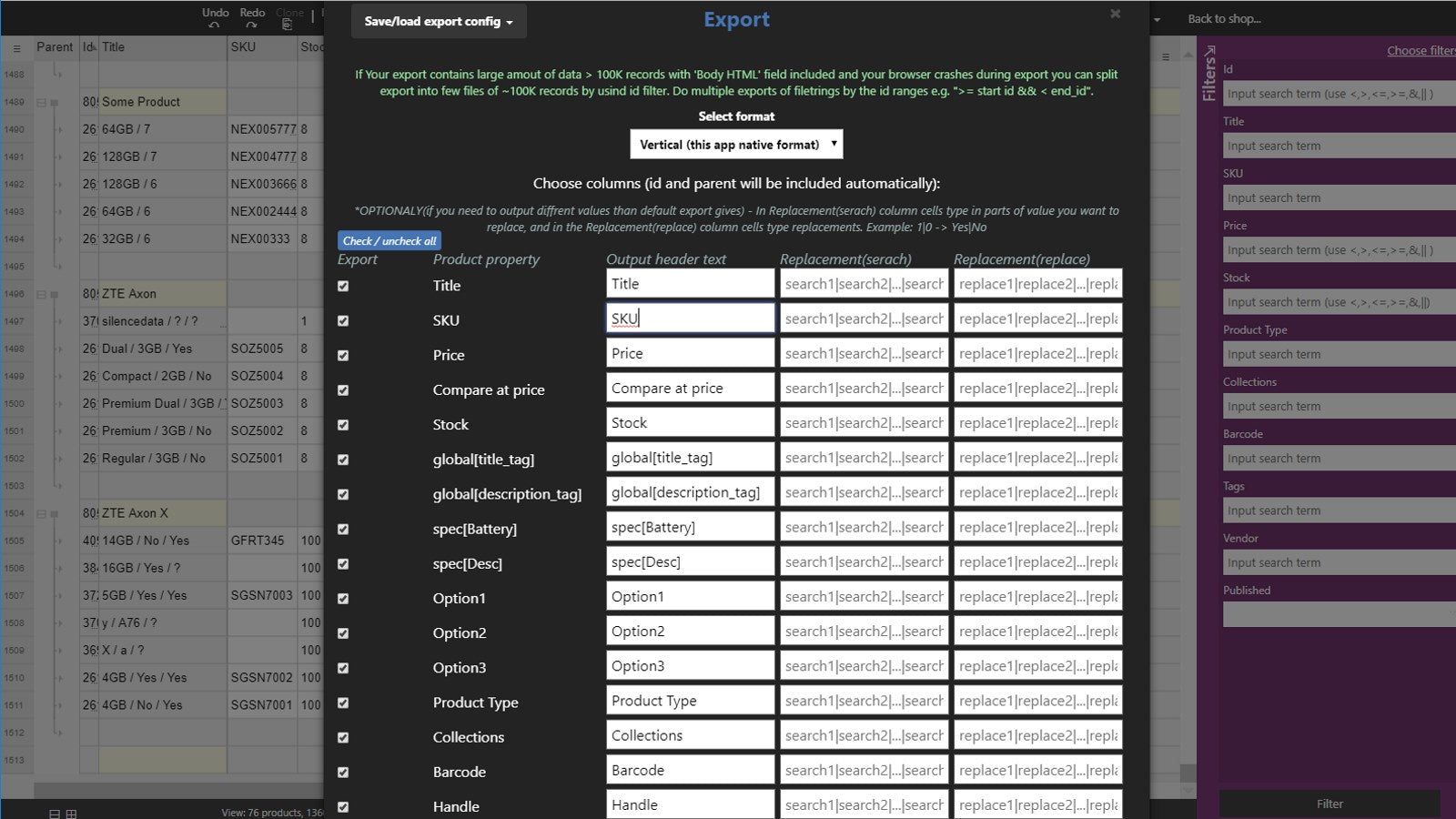 Custom export. You can specify columns to export.