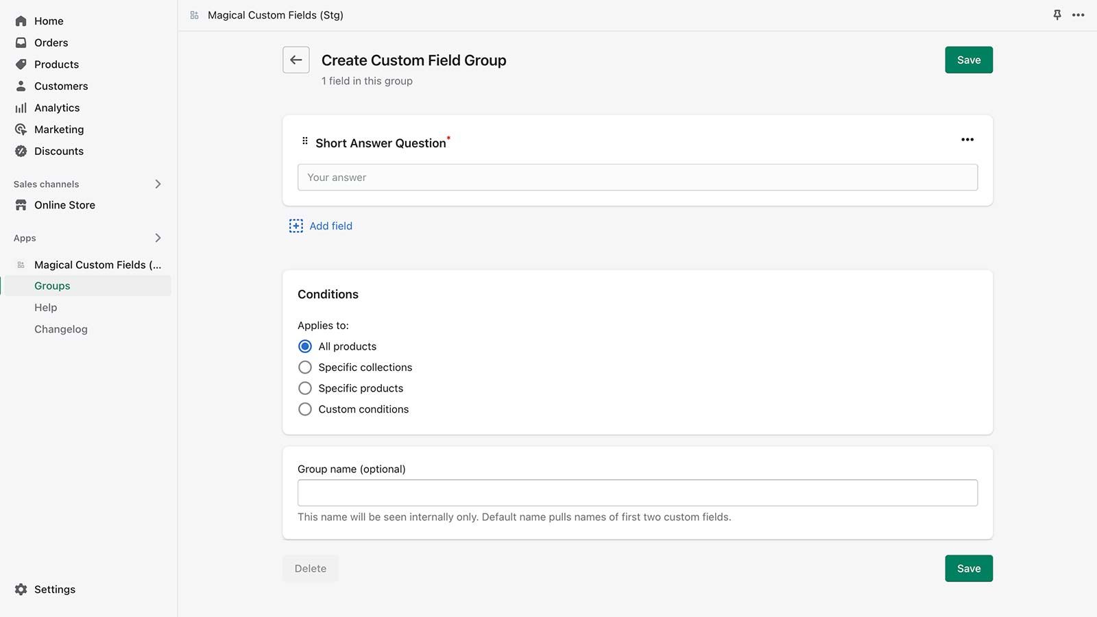 Custom fields group editor screen in admin