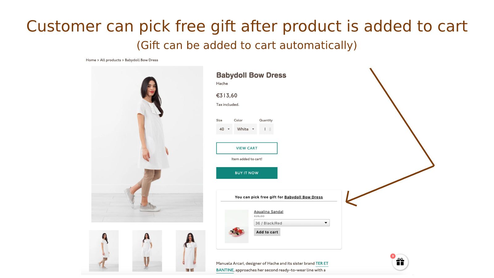 Customer can pick free gift after product is added to cart