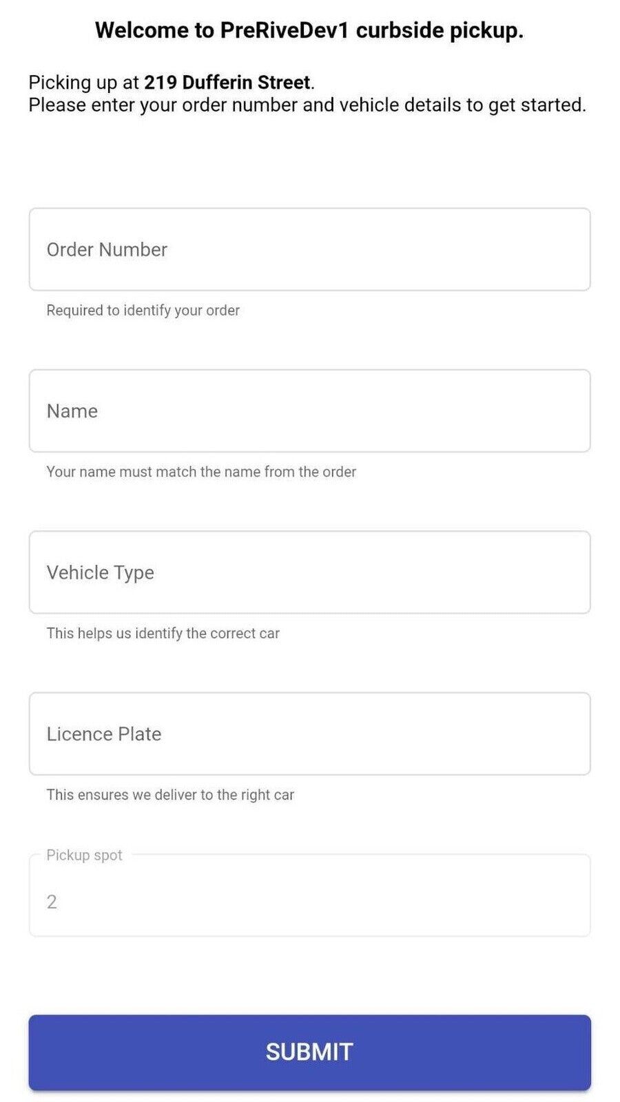Customer mobile order form