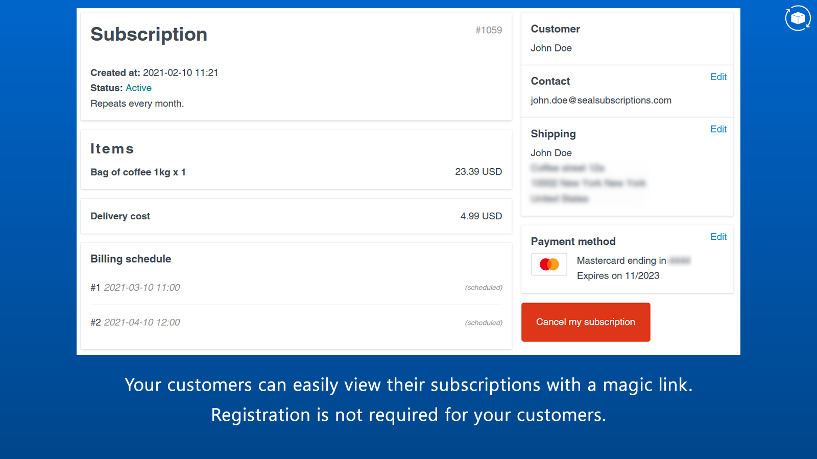 Customer portal of shopify subscription app