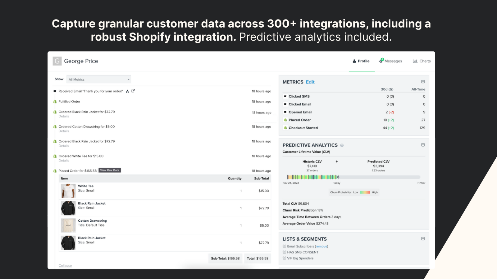 Customer profile with sample event data 
