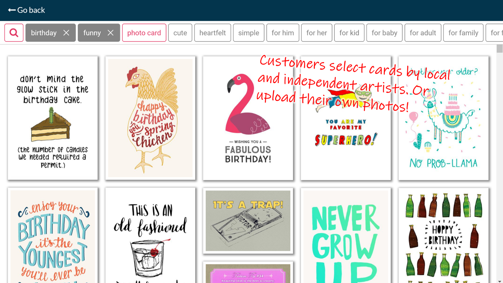 Customers select curated cards or upload their own