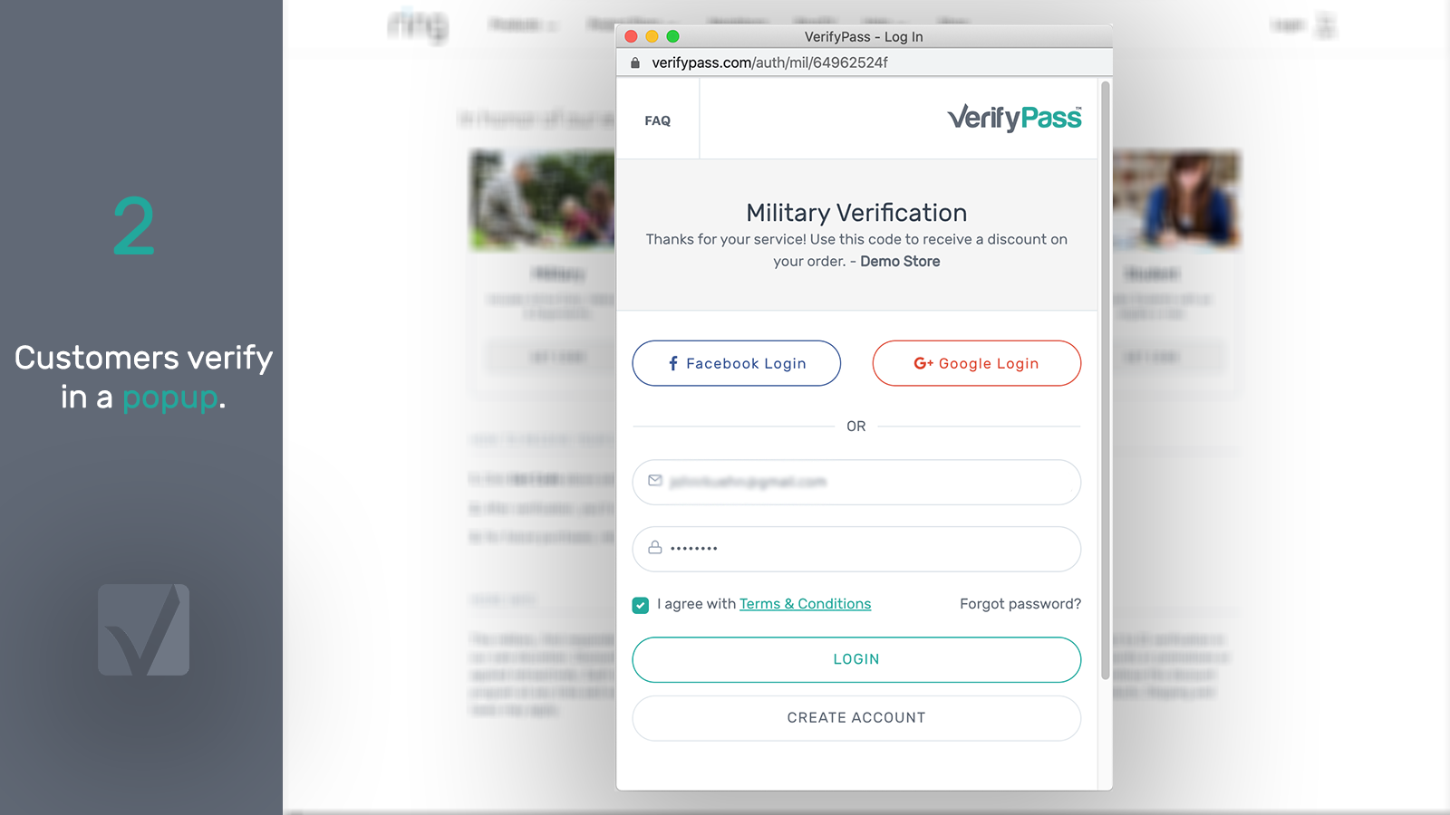 Customers verify in a popup