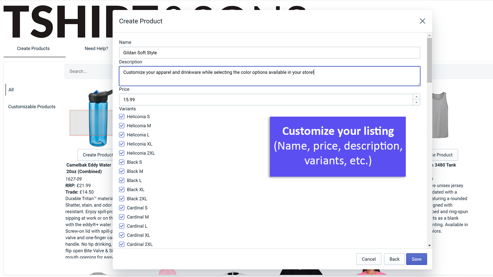 Customise your listing (name, price, description, variants)
