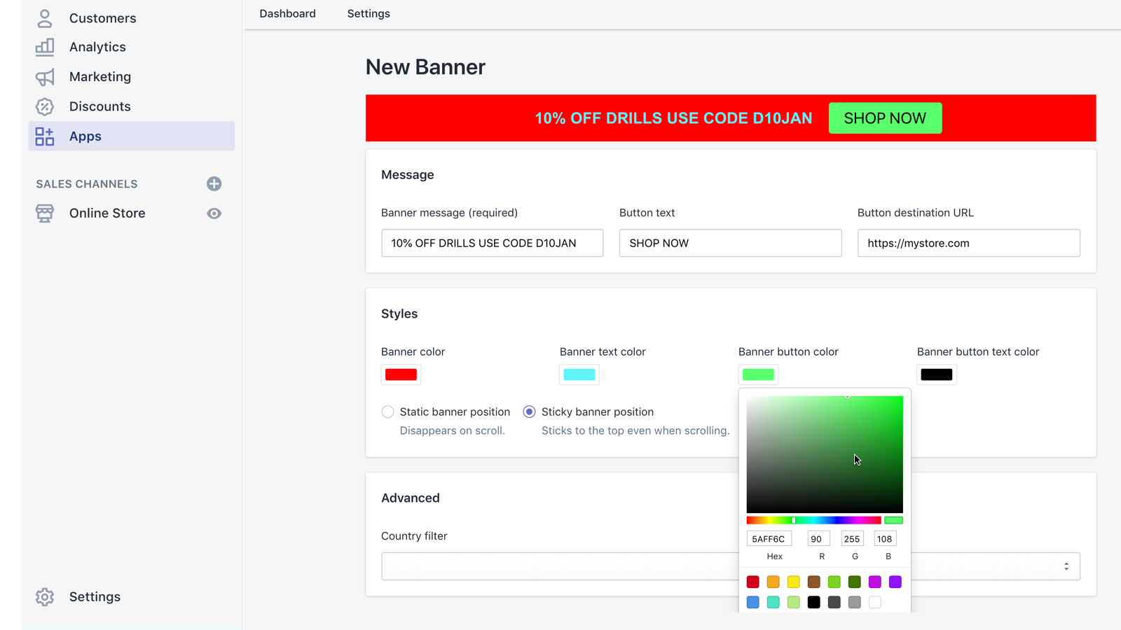 Customizable banners with a web designer color picker