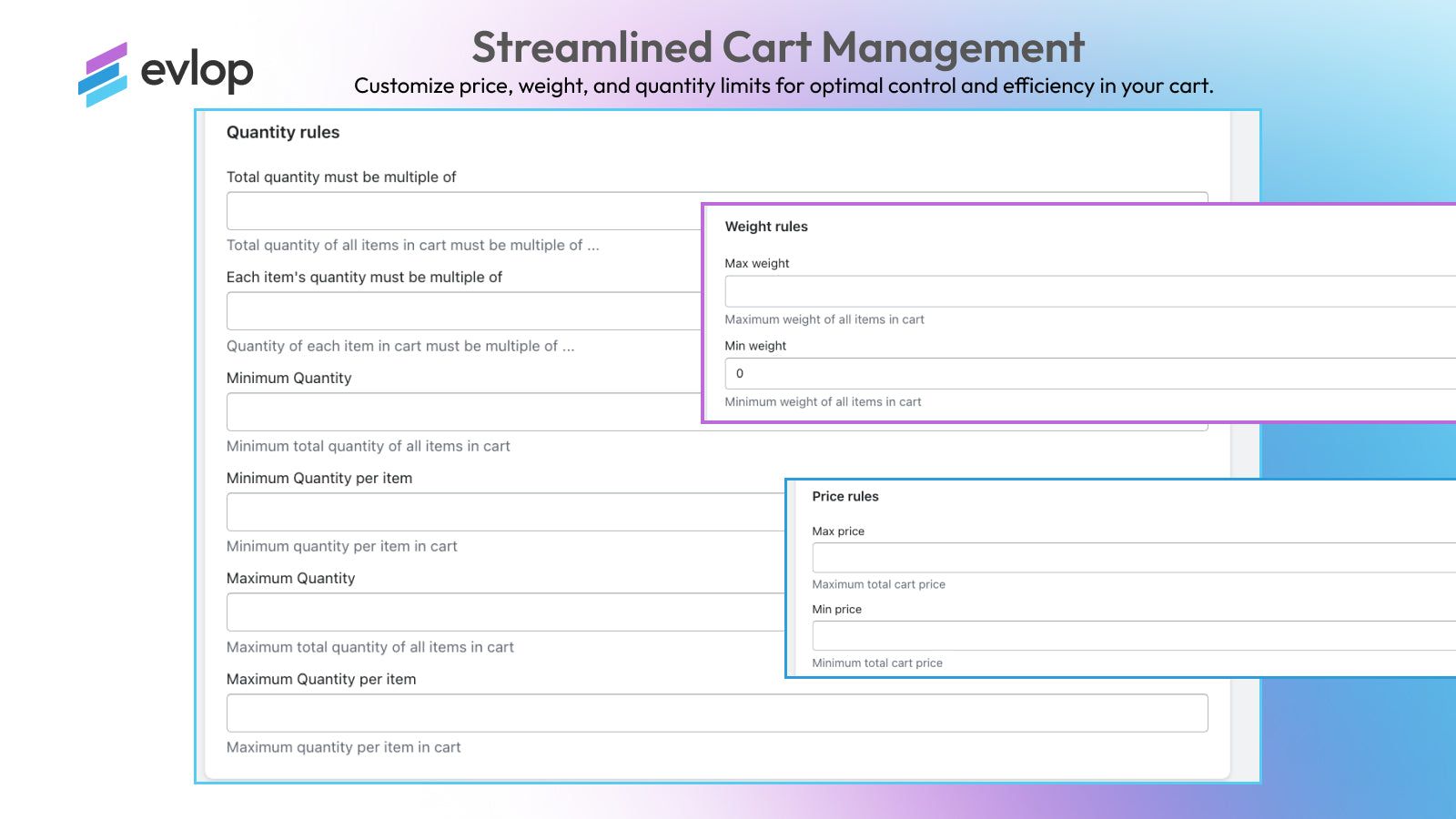 Customize cart rules for price, weight, and quantity.