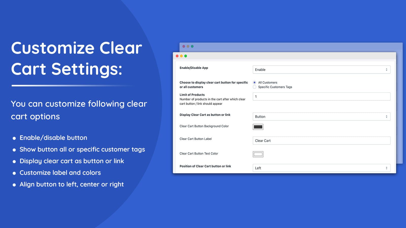 Customize clear cart app settings