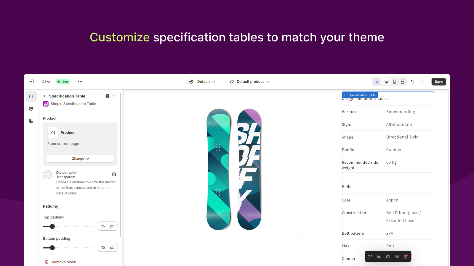 Customize specification tables to match your theme