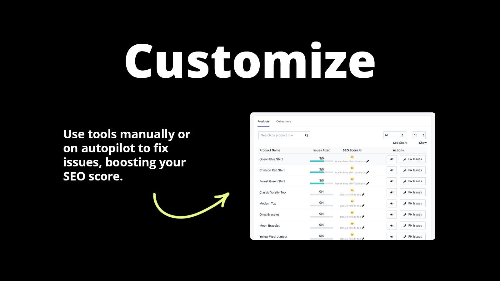 Customize - Use tools to fix issues, boosting your SEO score.
