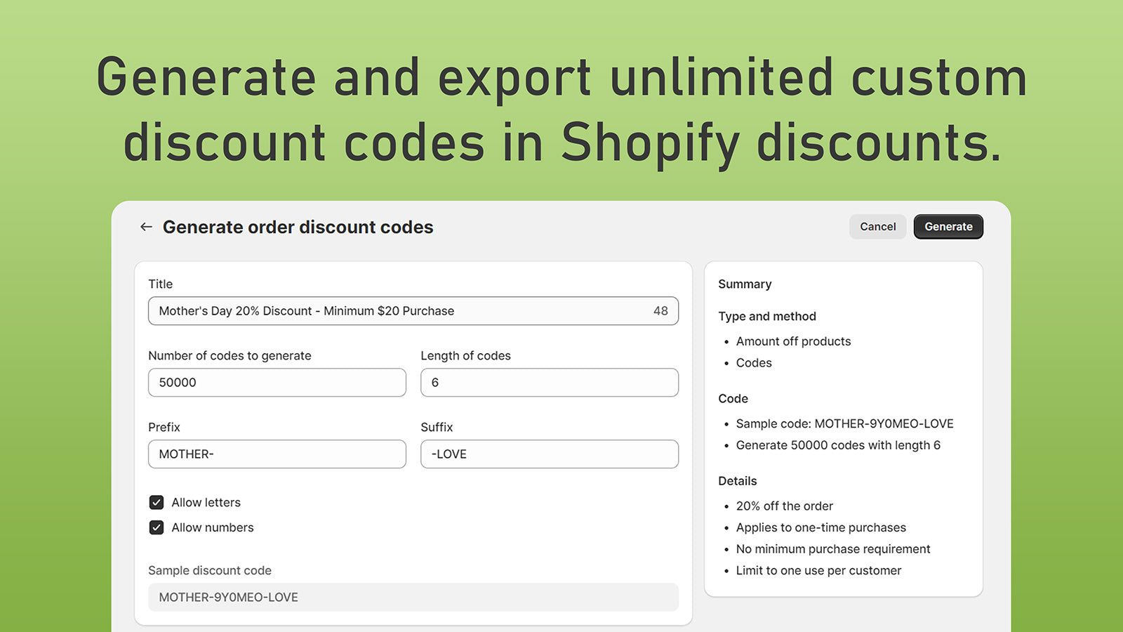 Customize your discount codes and generate in bulk