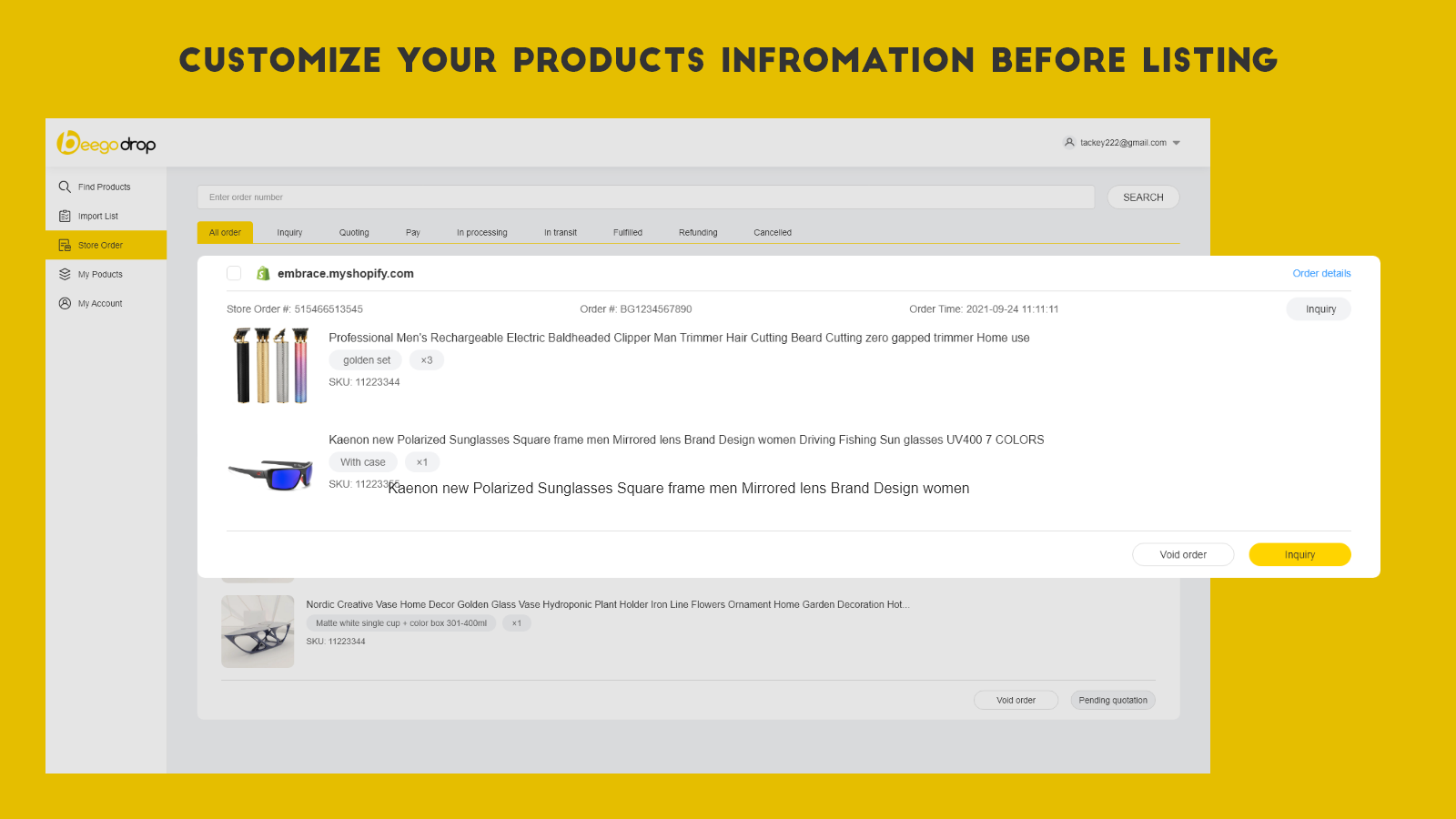 Customize your products information before listing