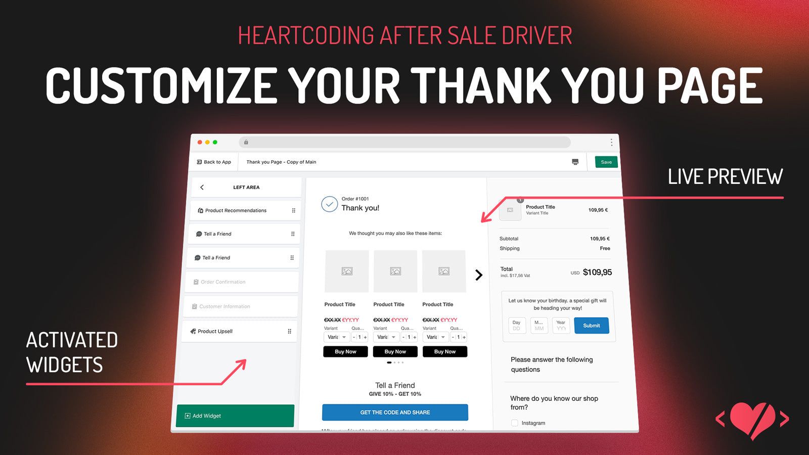 Customize your thank you page with various widgets and discounts