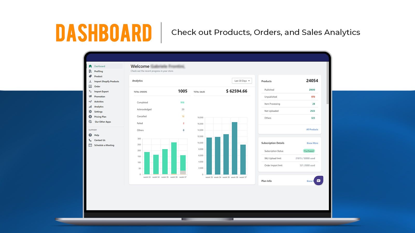 Dashboard of the app shows the order and product stats
