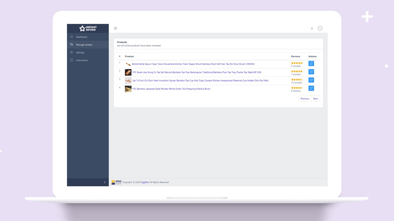Dashboard overview about review products and product reviews