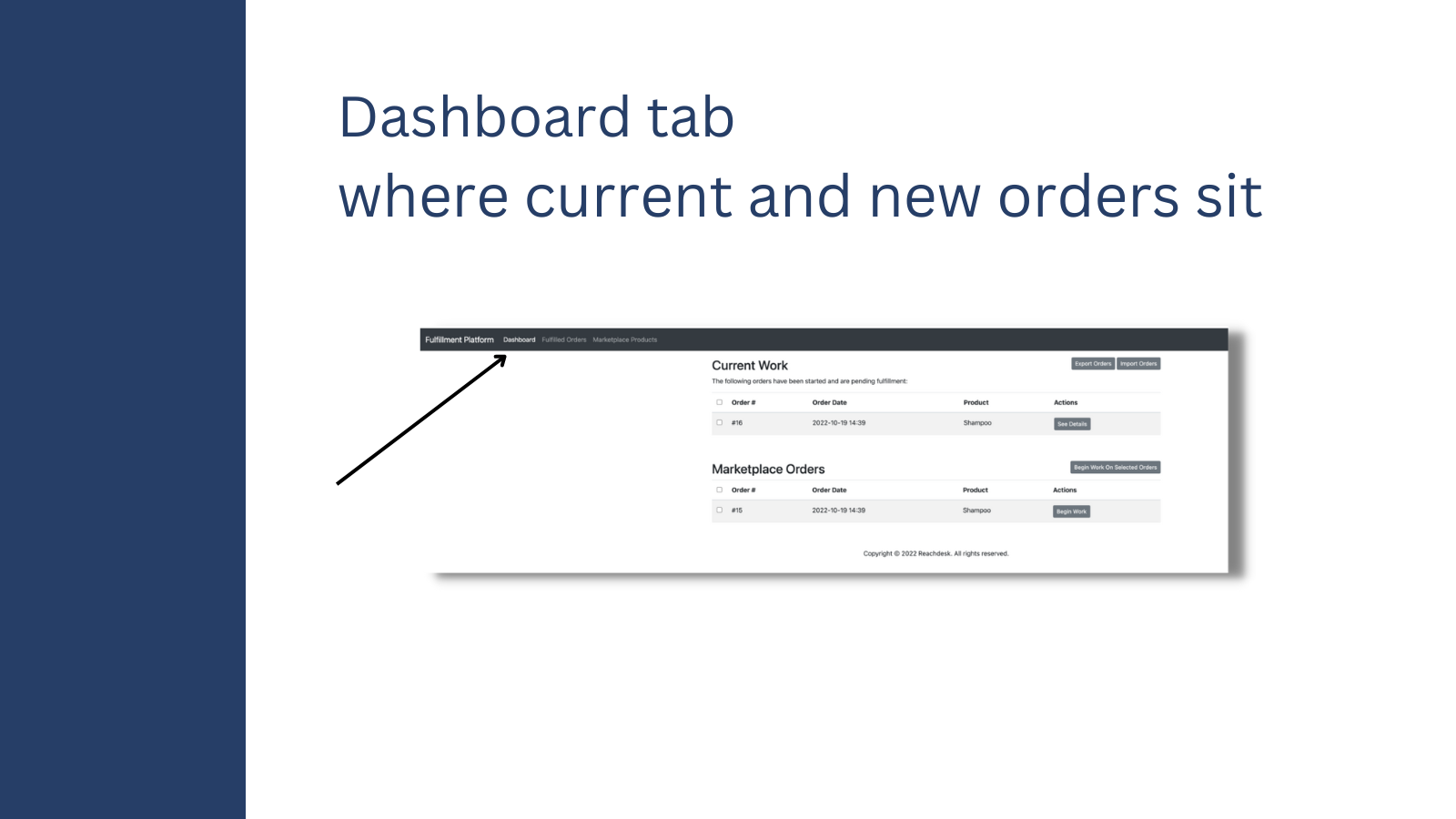 Dashboard tab - where current and new orders sit