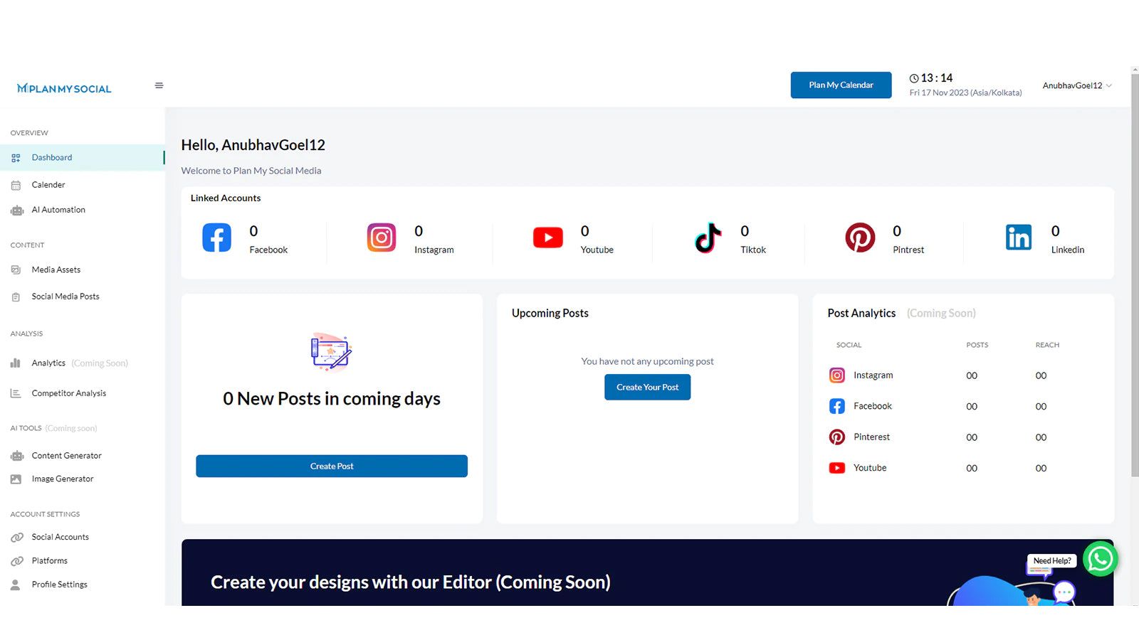 Dashboard to add social account & to create new post.