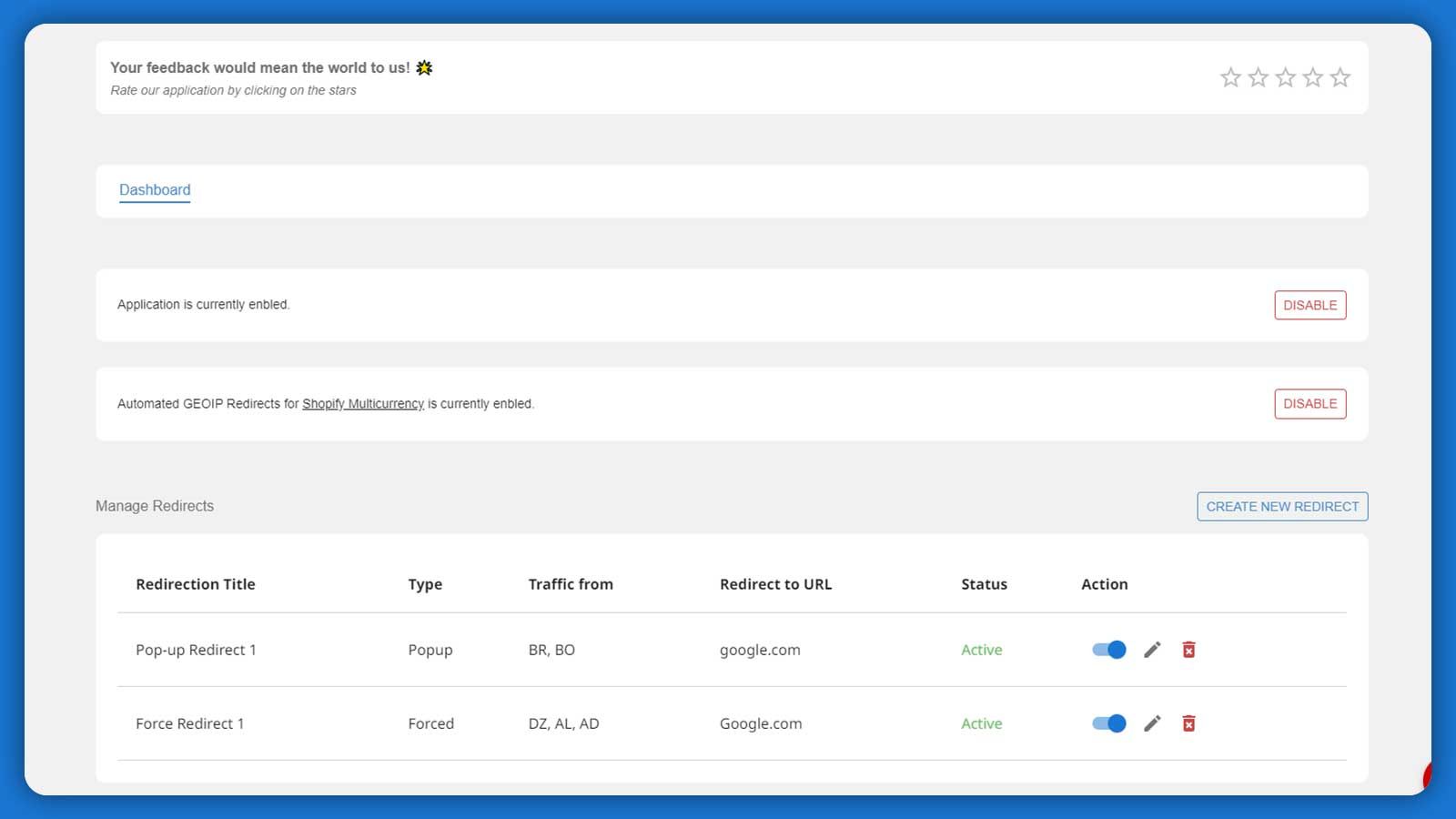 Dashboard to manage all geoip based redirections