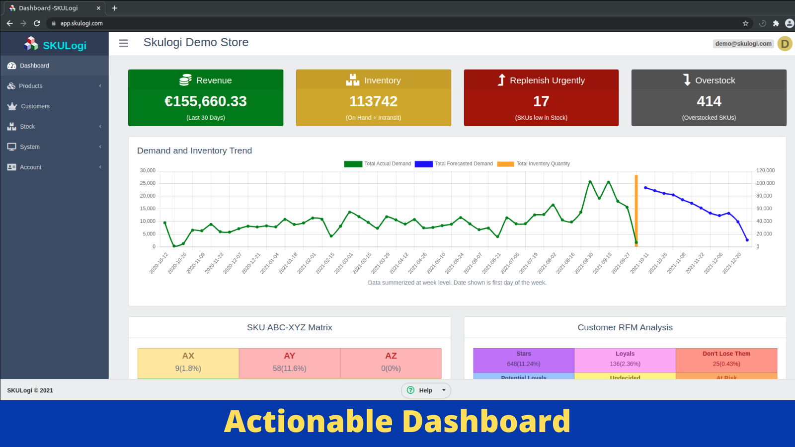 Dashboard with quick link to urgent inventory actions.