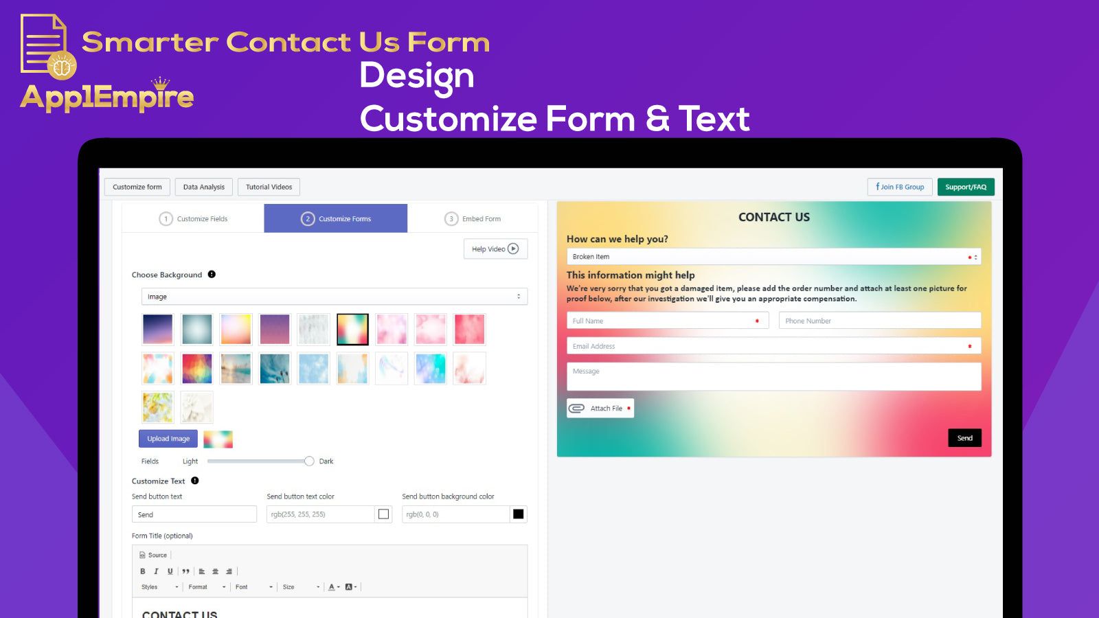 Design contact us form customize form text change background CRM