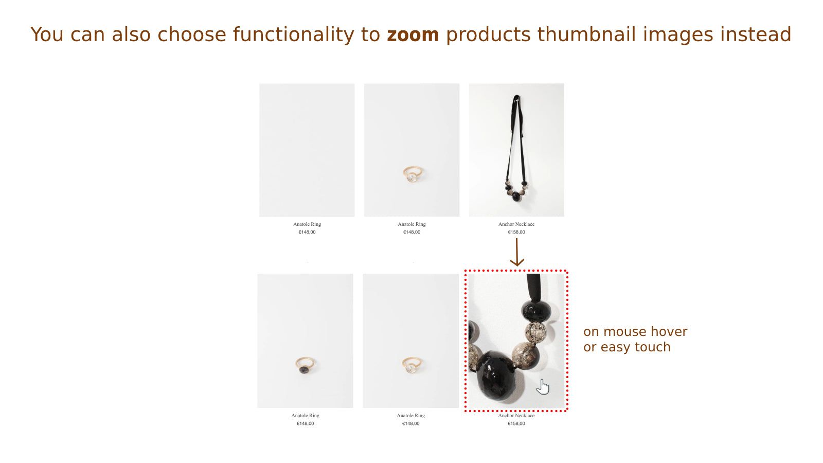 Display zoom of product thumbnail image on mouse hover or touch