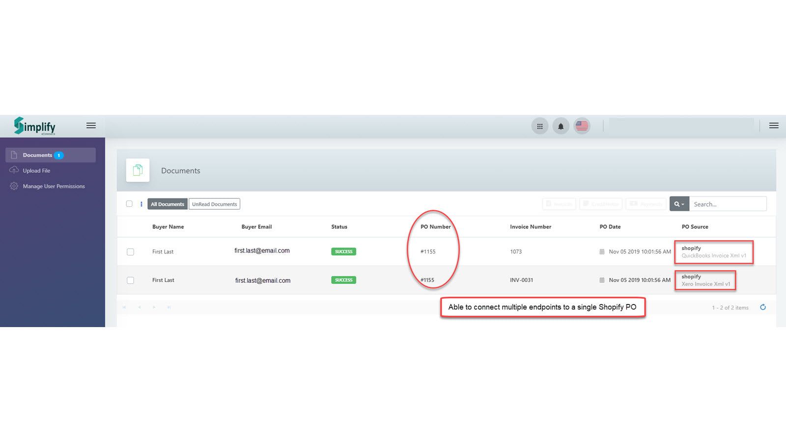 Document screen of Shopify PO and newly created invoice