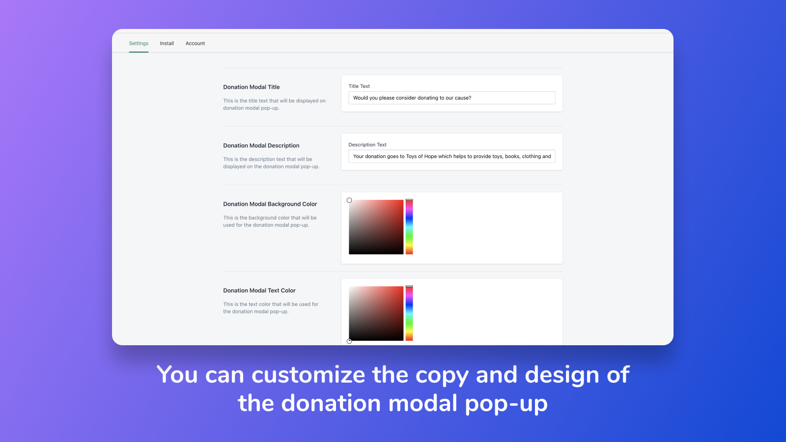 Donation Pop app modal design settings