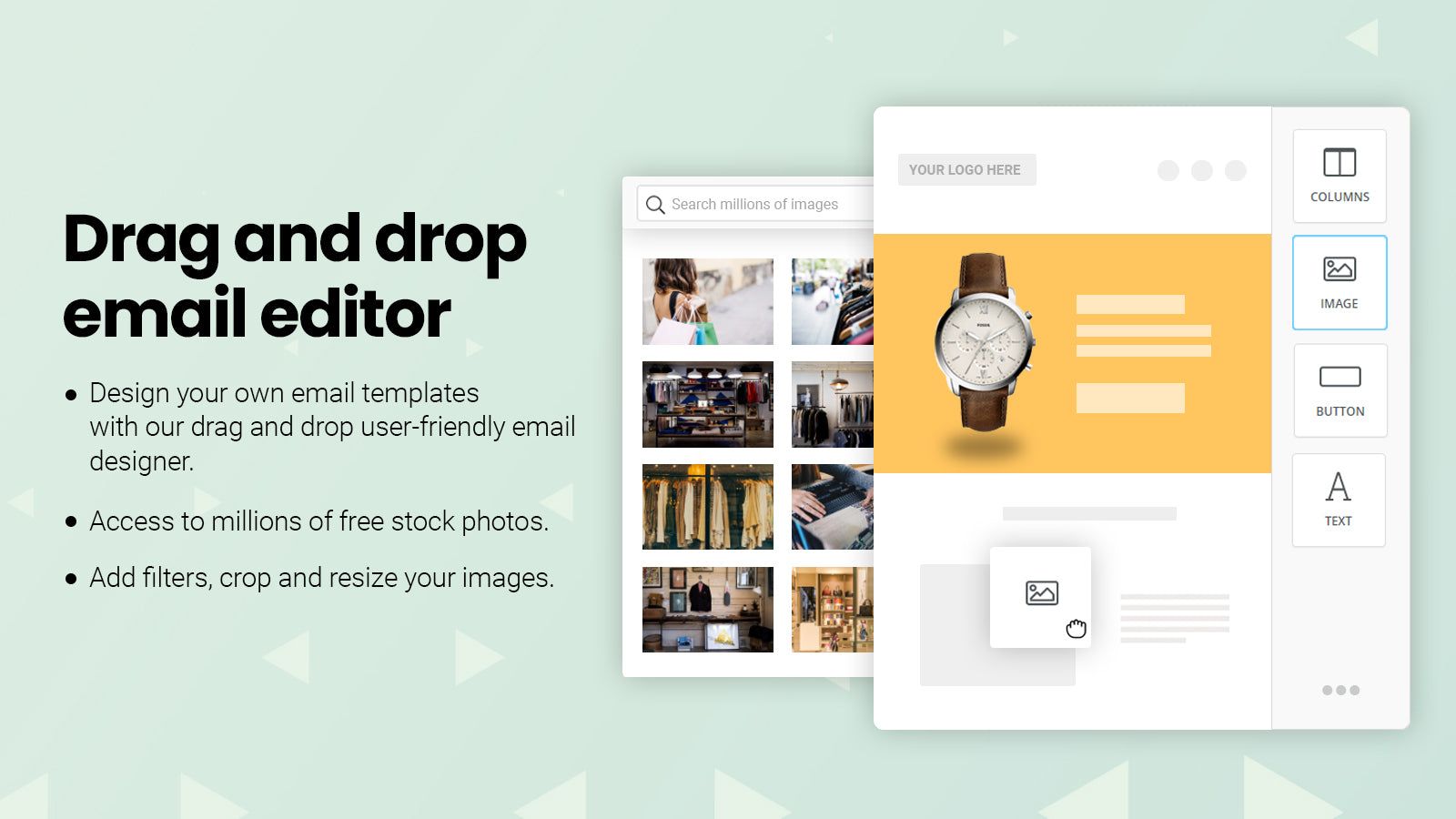 Drag and drop email templates with millions of stock photos