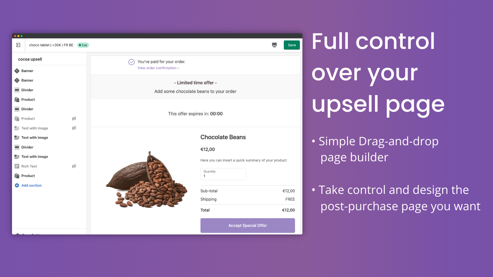 drag-and-drop page builder - full control over the upsell page
