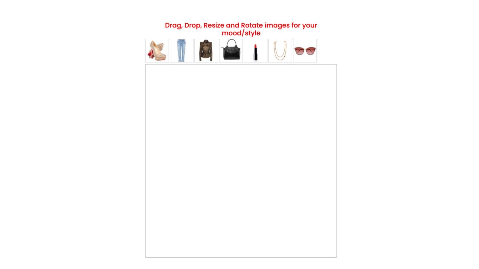 Drag, Drop, Resize and Rotate images for mood board page.