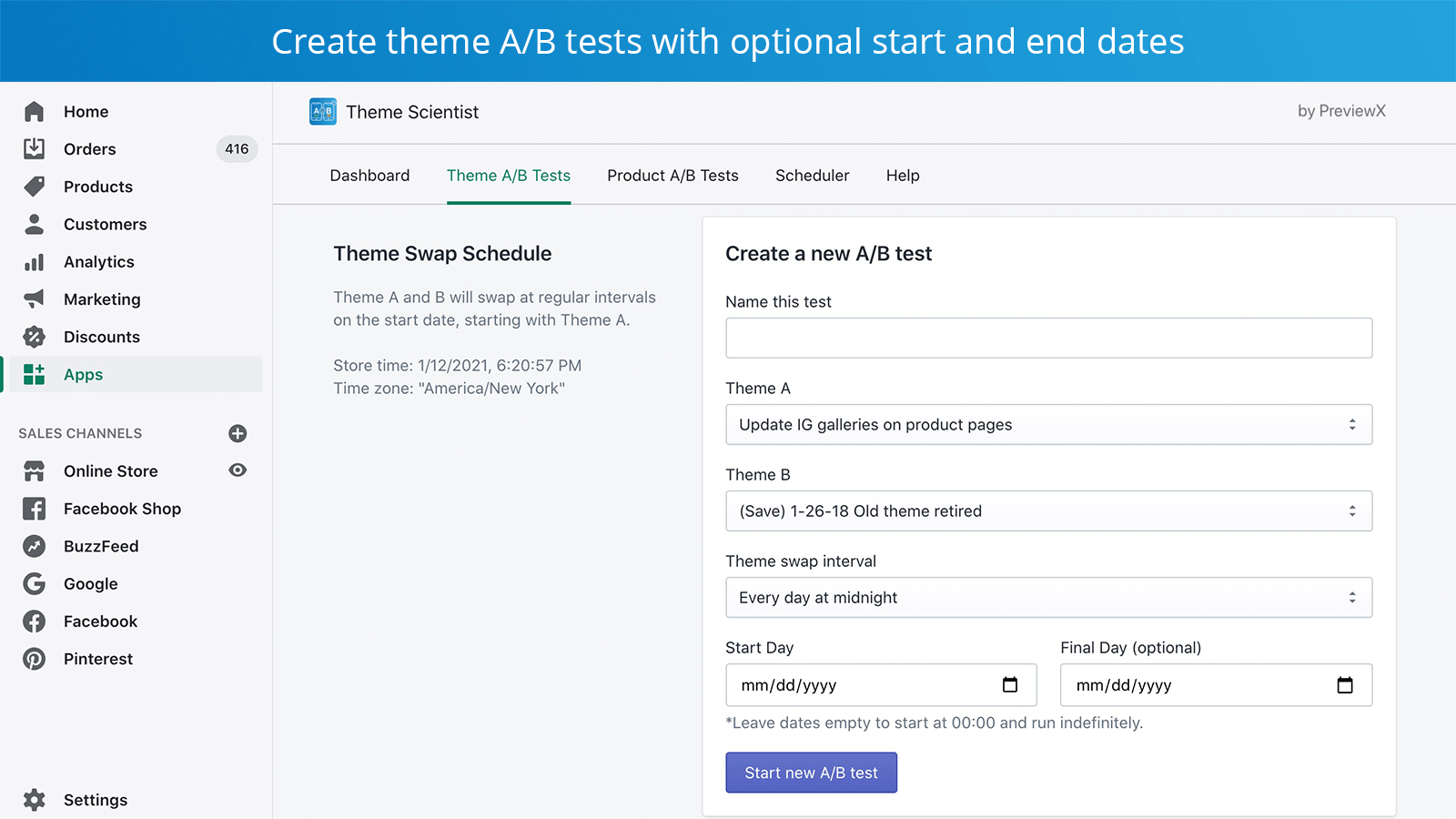 Easily create shopify theme a/b tests