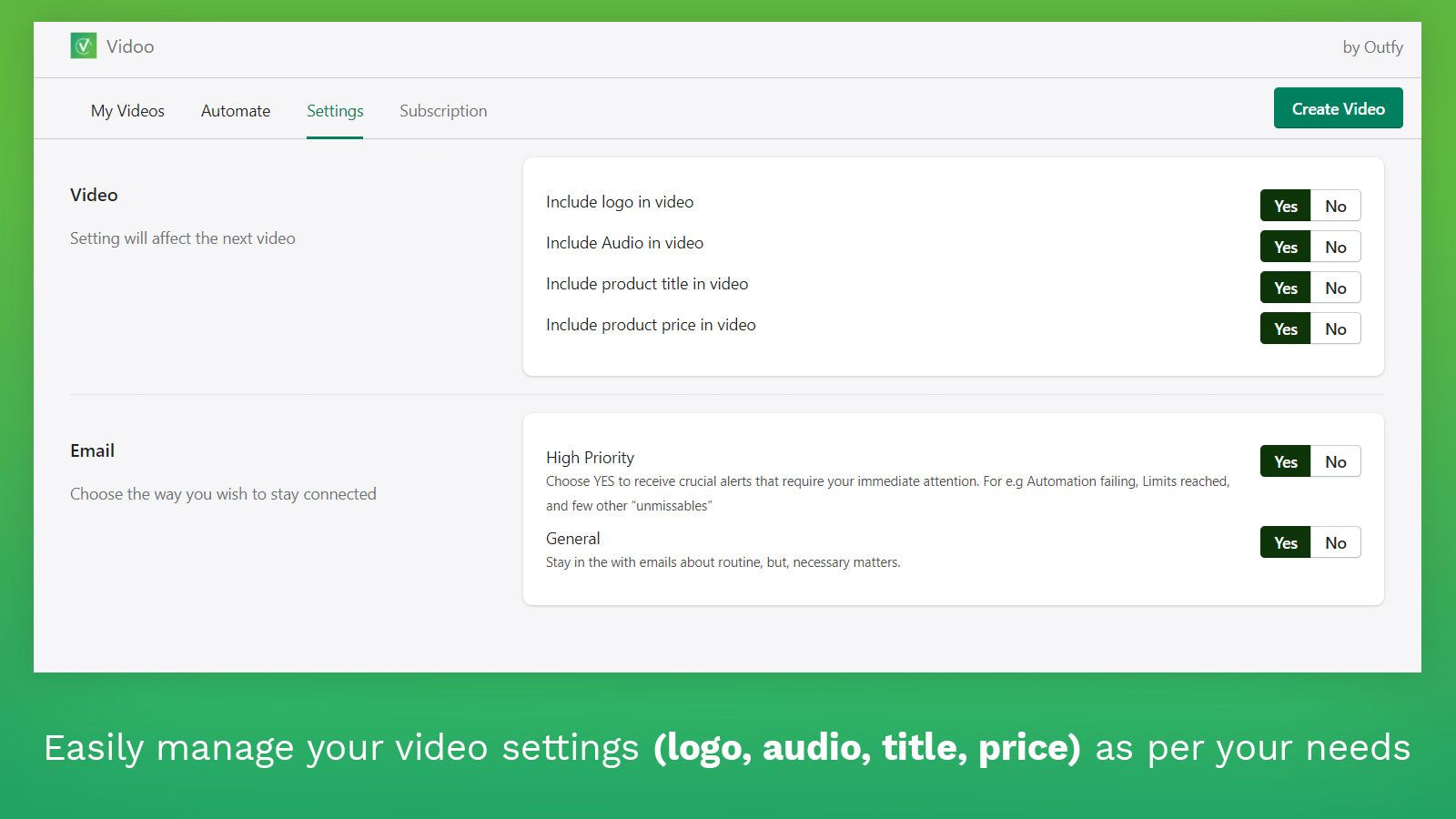 Easily manage your video settings(logo, audio, title, price)