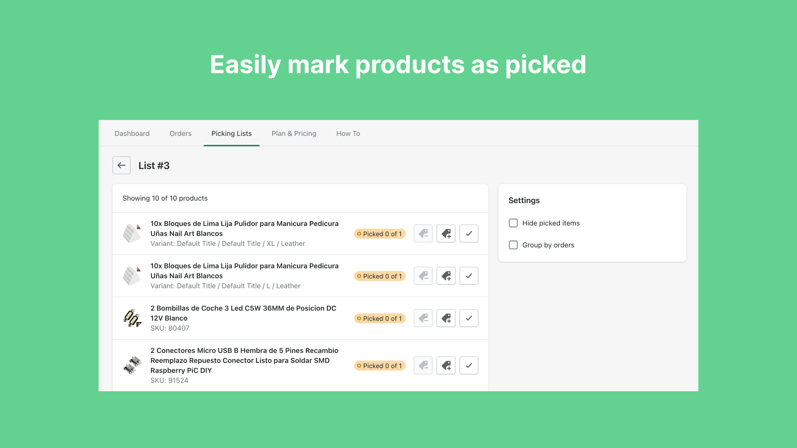 Easily mark products as picked