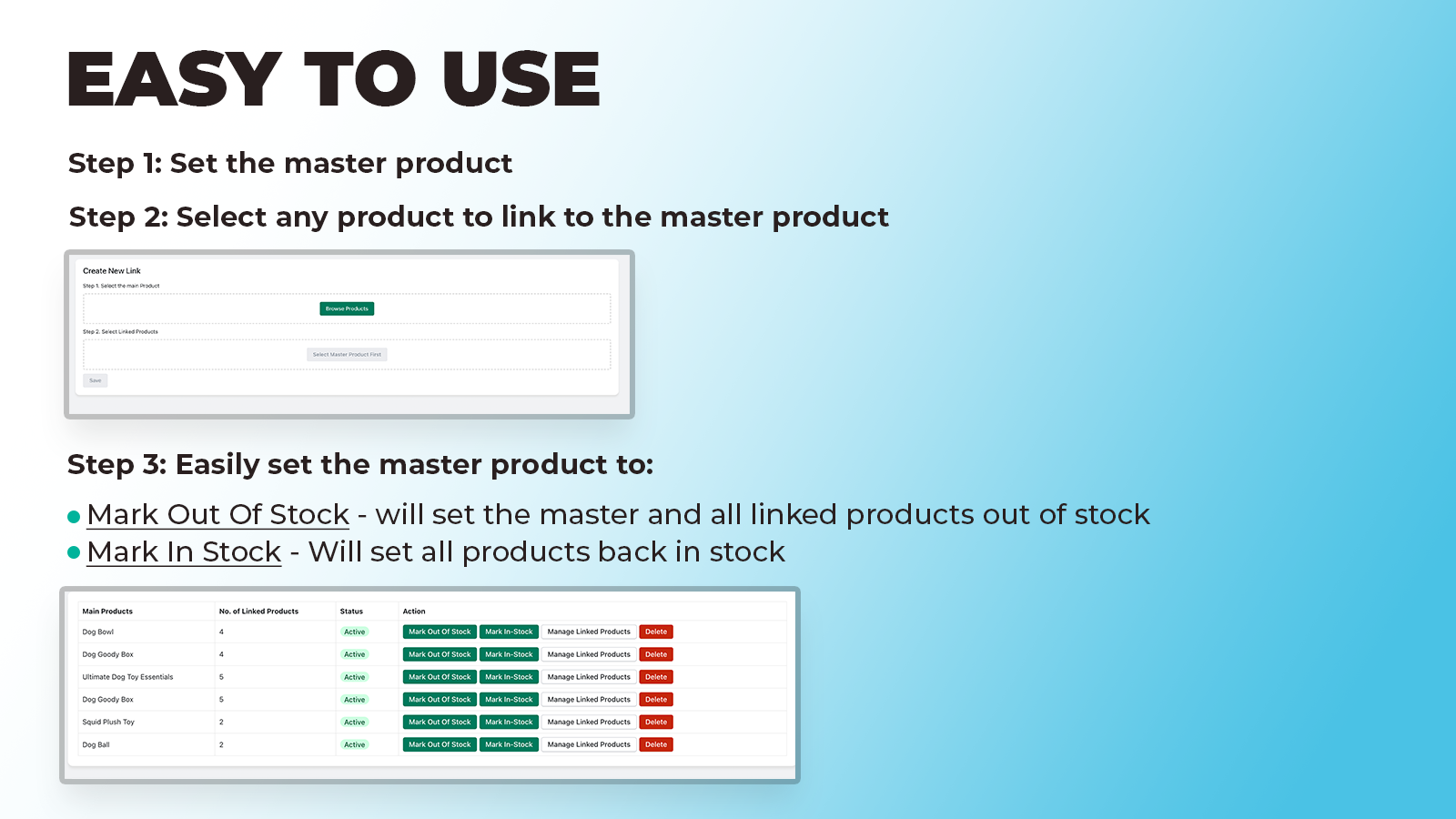 easily set products out of stock by linking them