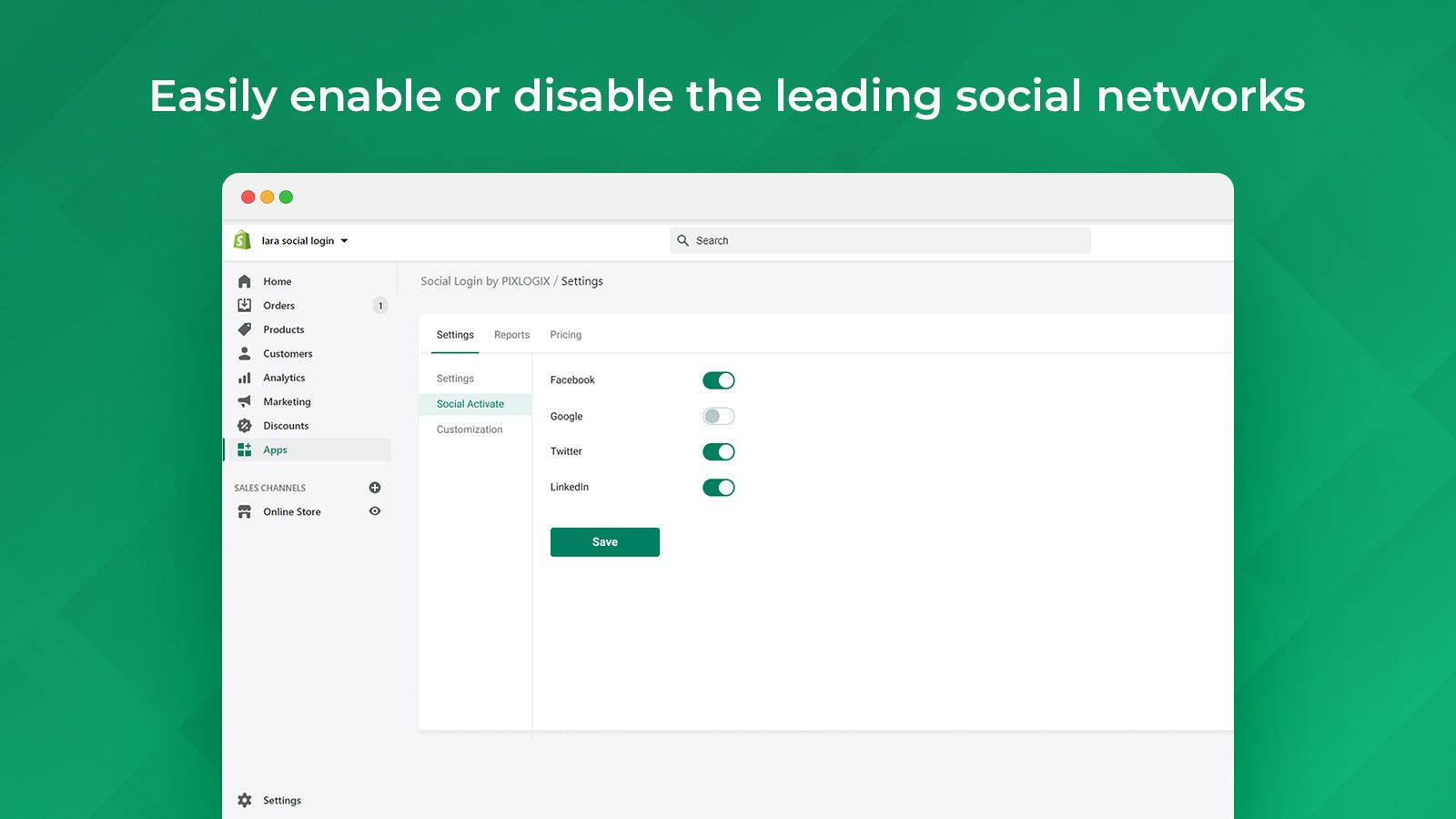 Easy enable and disable social platform