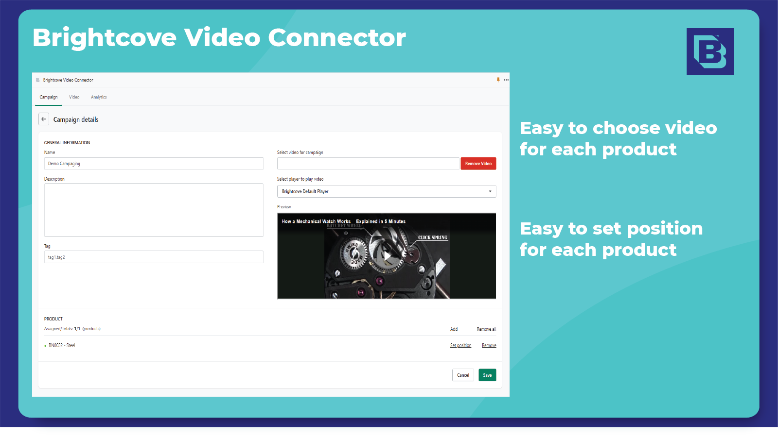 Easy to choose video and set position for each product