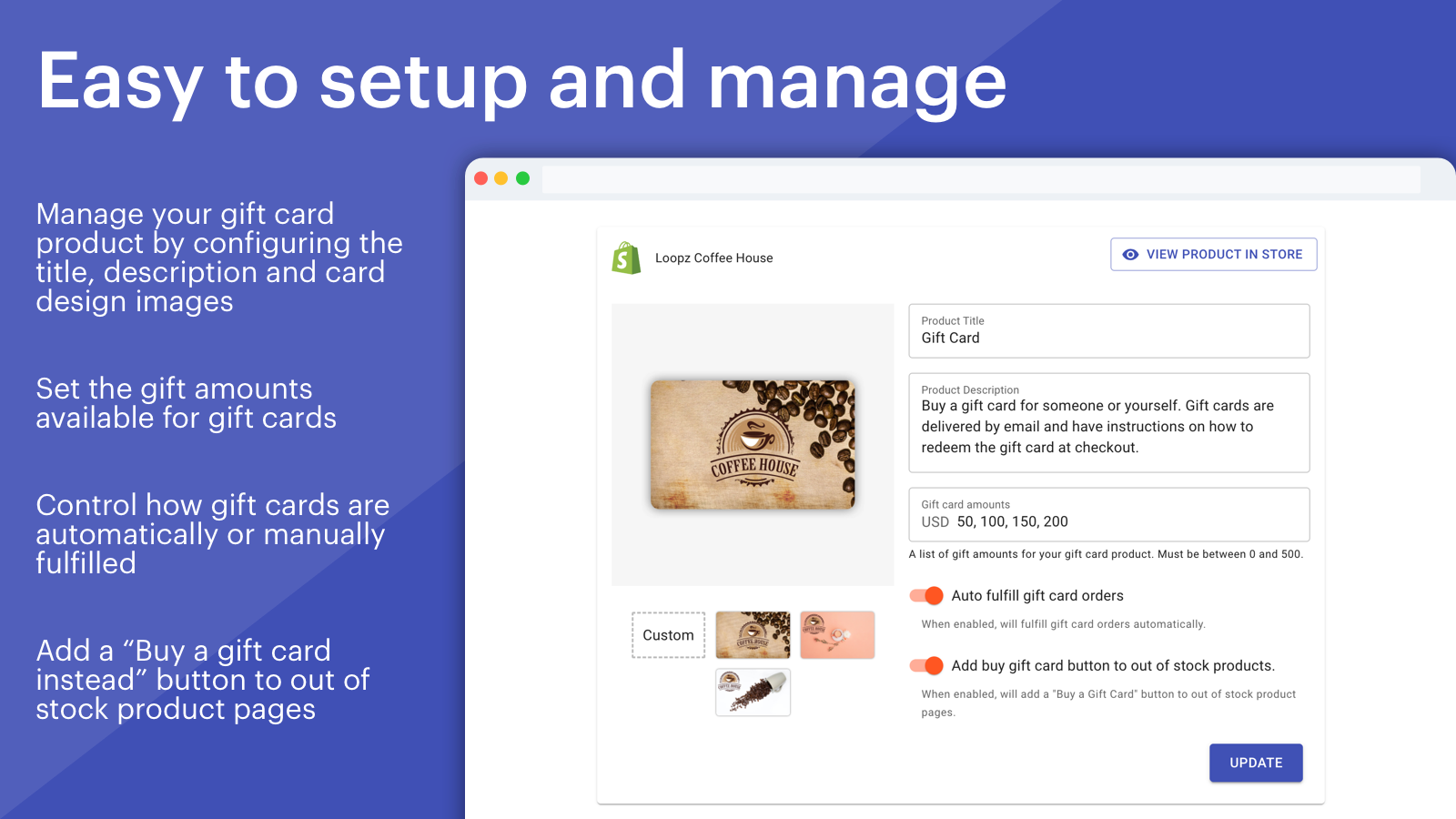 Easy to setup and manage your gift card product