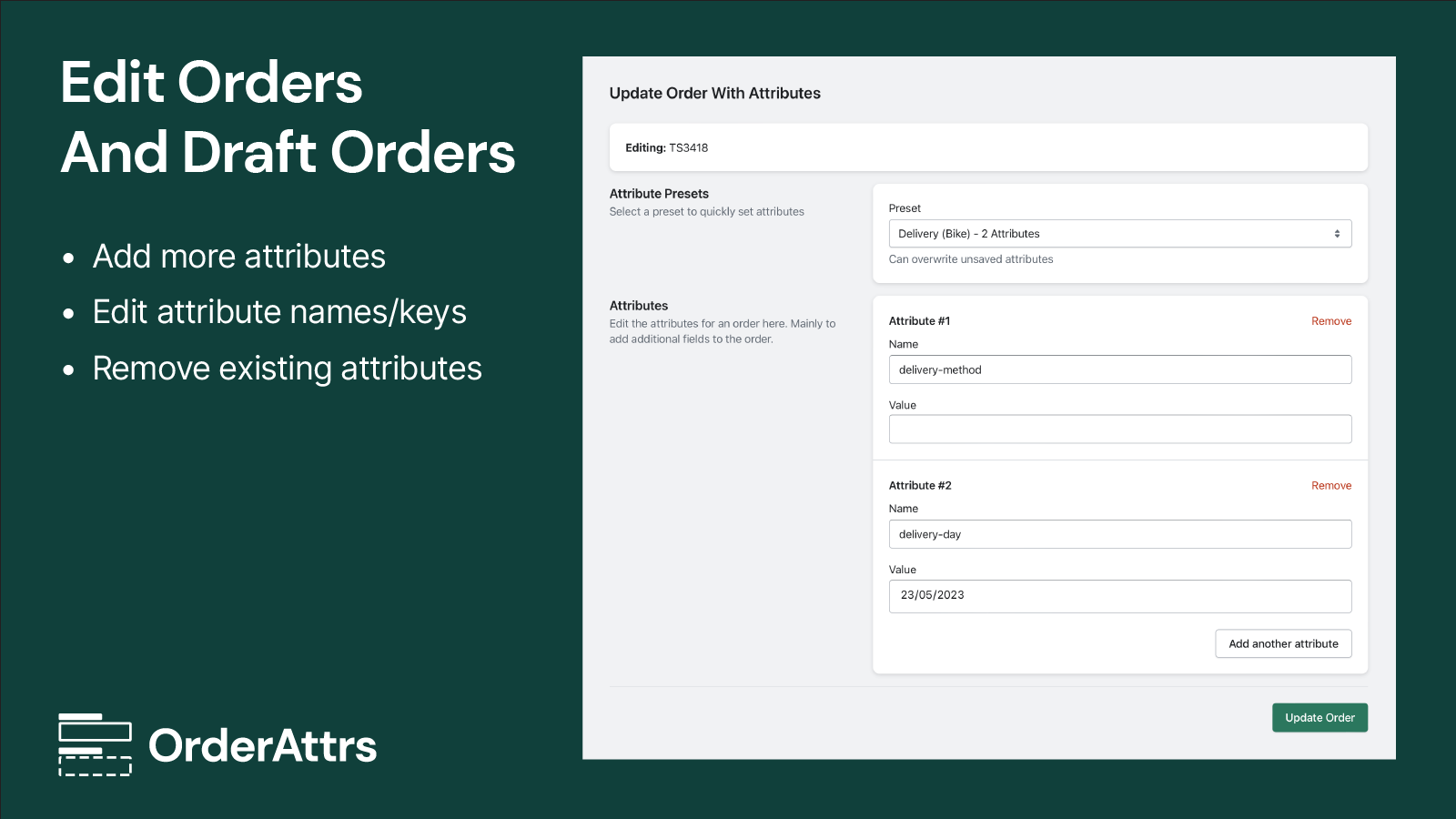 Edit attributes on existing orders and draft orders
