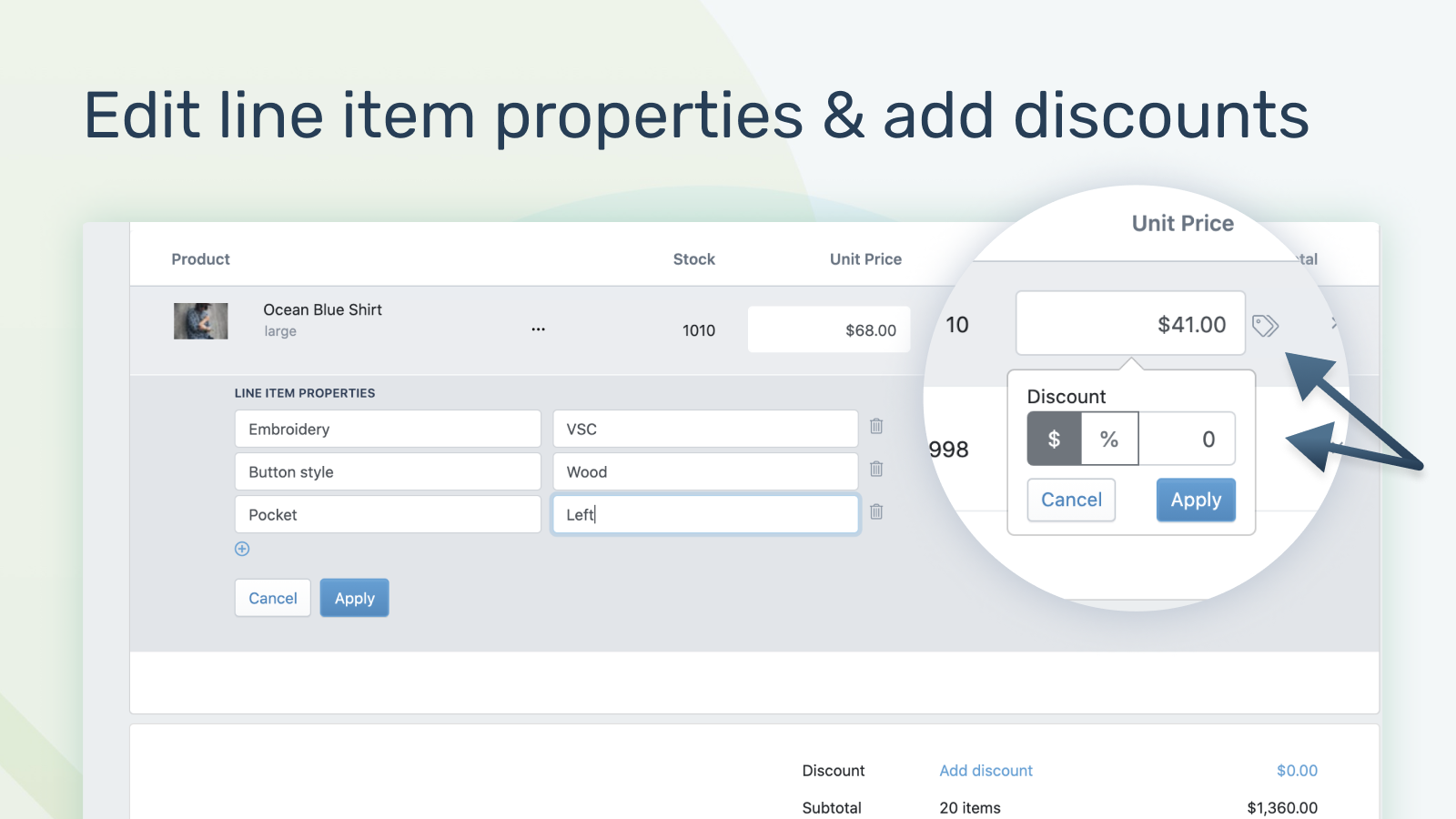 Edit product options, line item properties & add item discounts