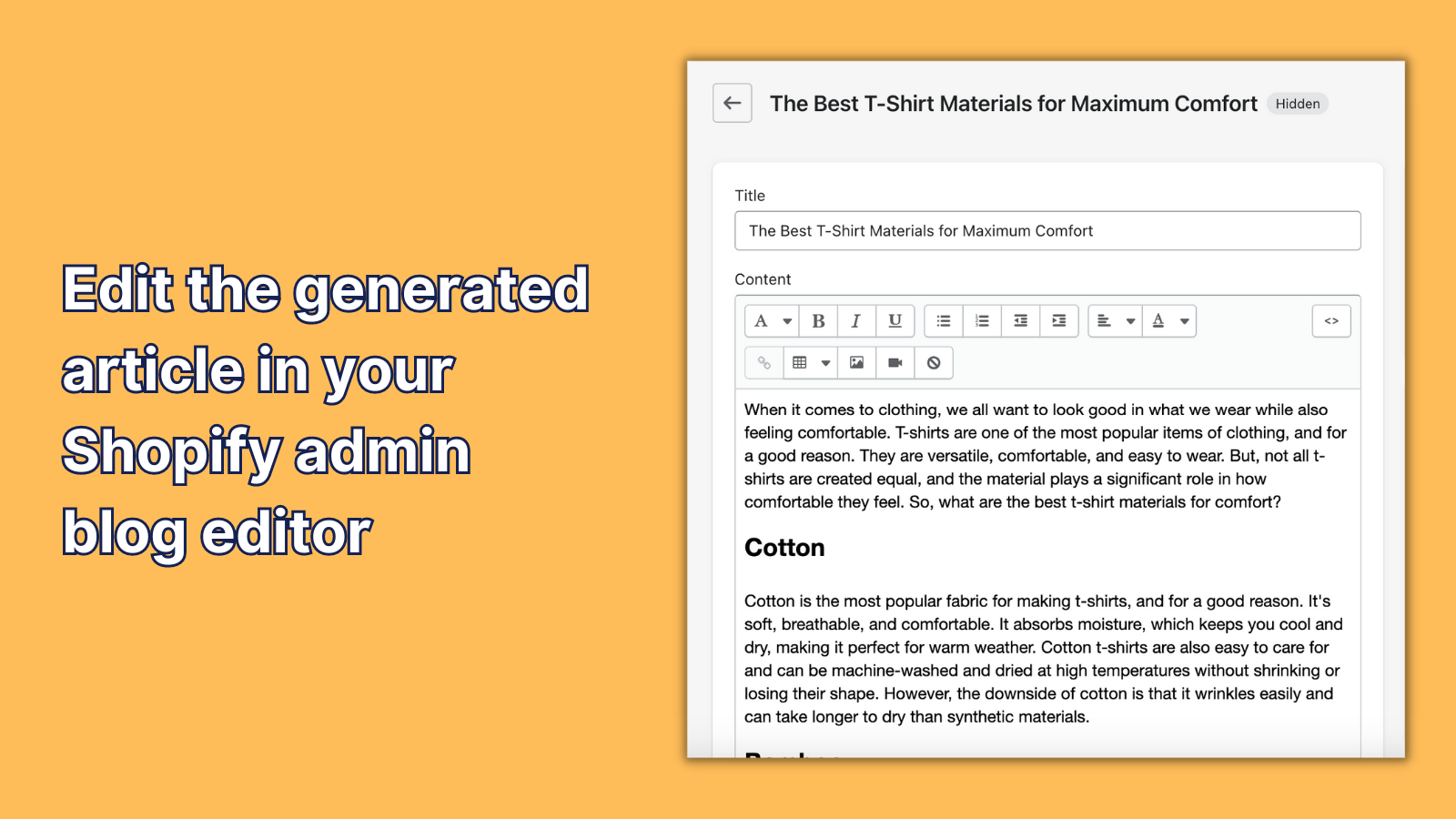 Edit the generated article in your Shopify admin blog editor